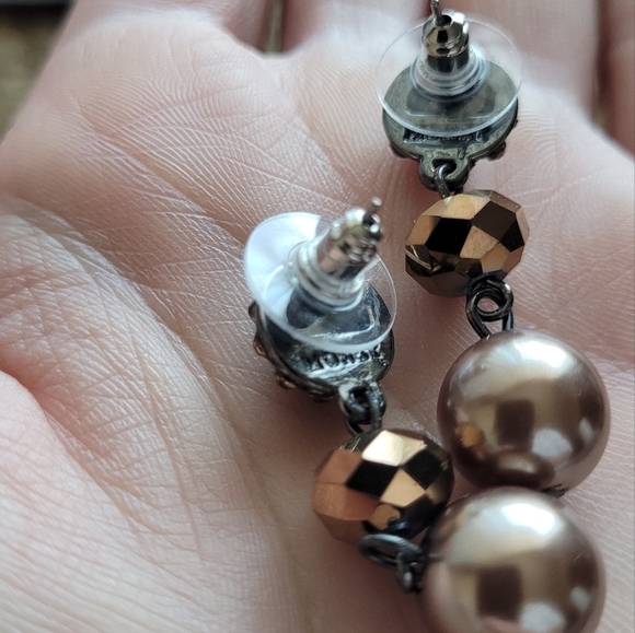 Monet dusty blush and champagne bead and faux pearl dangle earrings - Picture 3 of 3